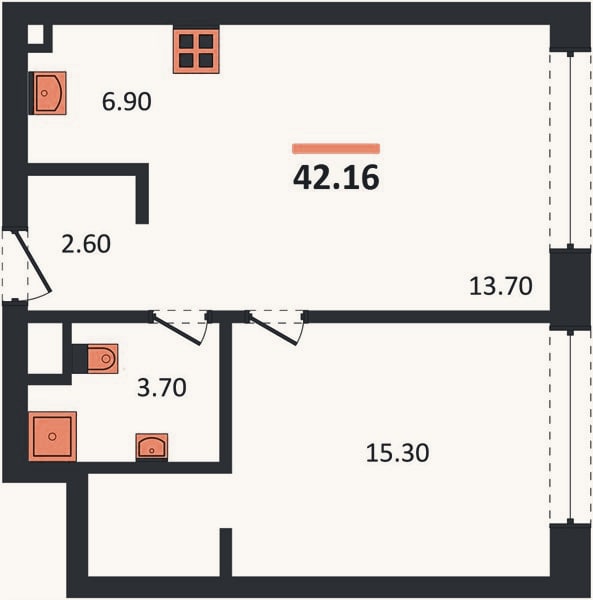 Планировка: 1-к, 42,2 м²