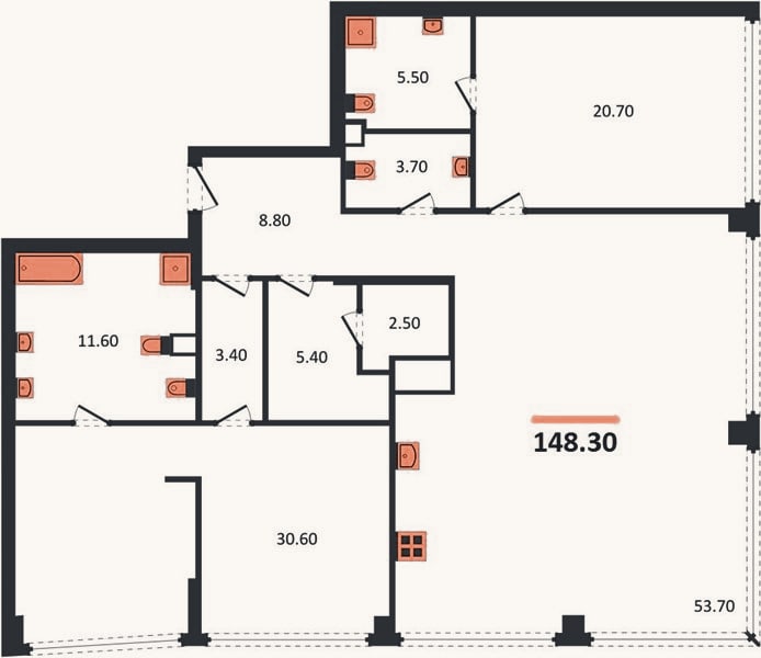 Планировка: 3-к, 148,3 м²