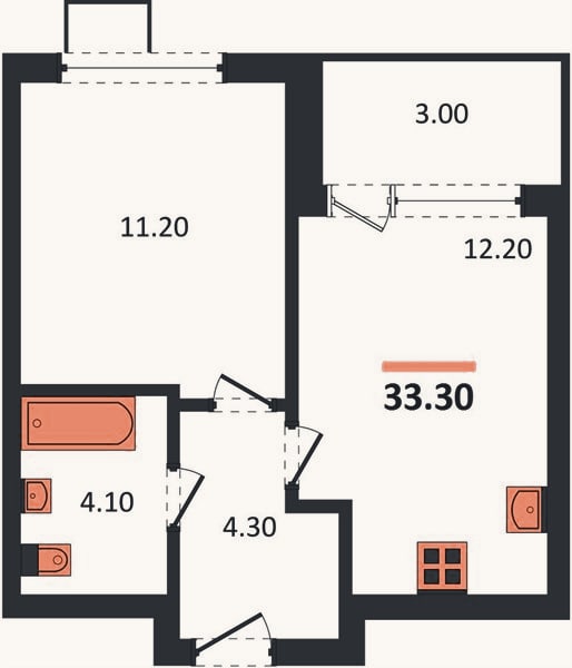 Планировка: 1-к, 33,3 м²