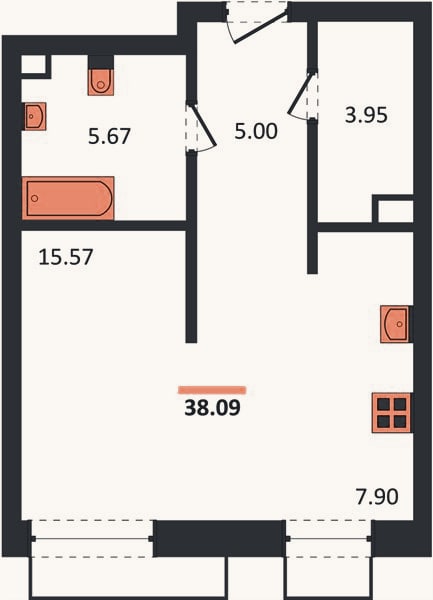 Планировка: Студия, 38,1 м²