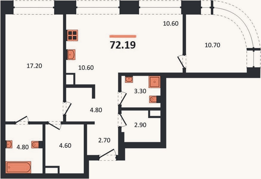 Планировка: 2-к, 72,2 м²