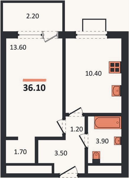 Планировка: 1-к, 36,1 м²