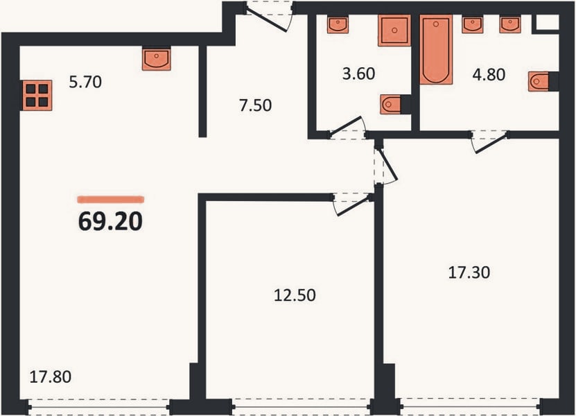 Планировка: 2-к, 69,2 м²