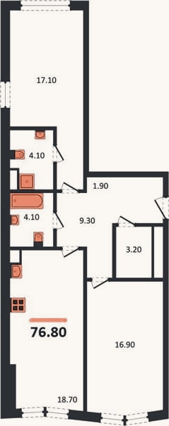 Планировка: 2-к, 76,8 м²