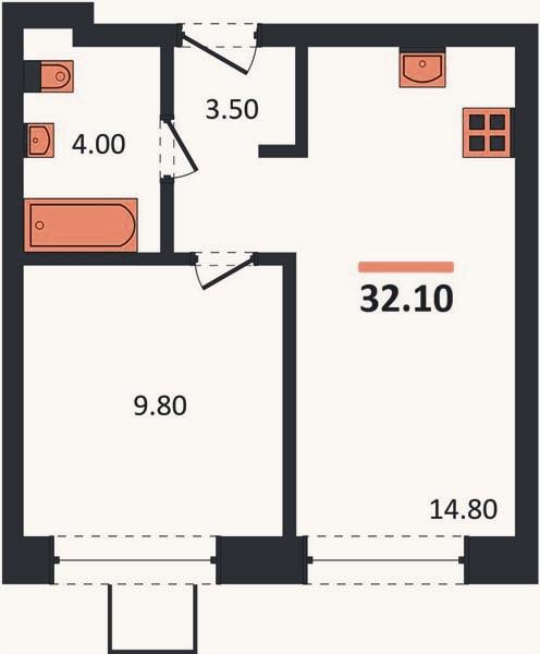Планировка: 1-к, 32,1 м²