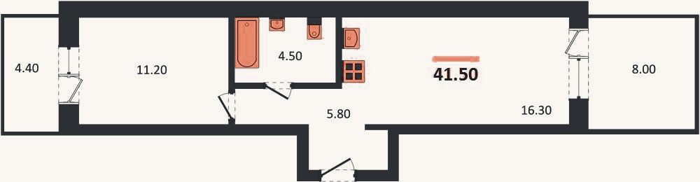 Планировка: 1-к, 41,5 м²