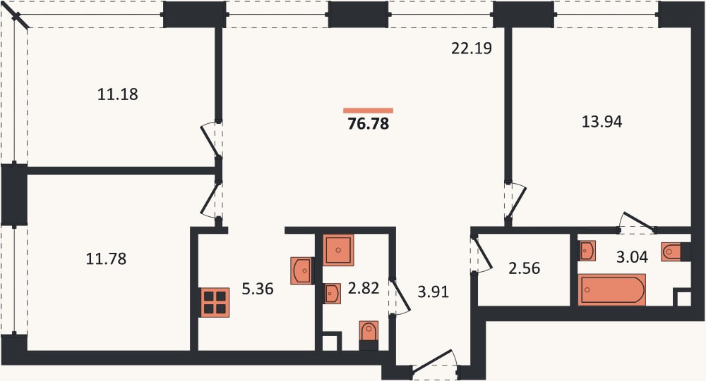 Планировка: 3-к, 76,8 м²