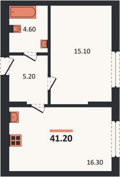 Планировка: 1-к, 41,2 м²