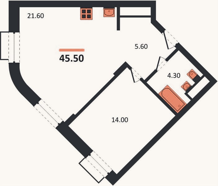 Планировка: 1-к, 45,5 м²