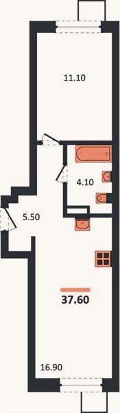 Планировка: 1-к, 37,6 м²
