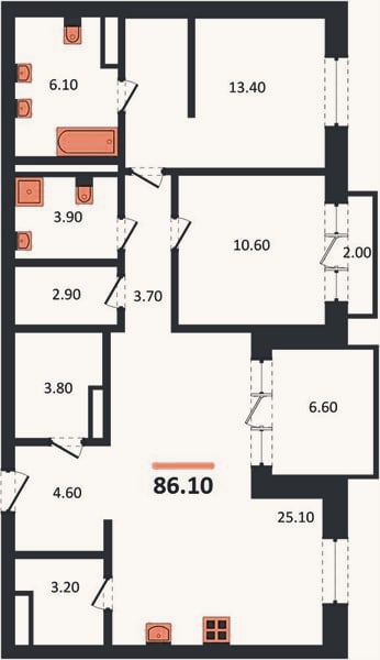 Планировка: 2-к, 86,1 м²