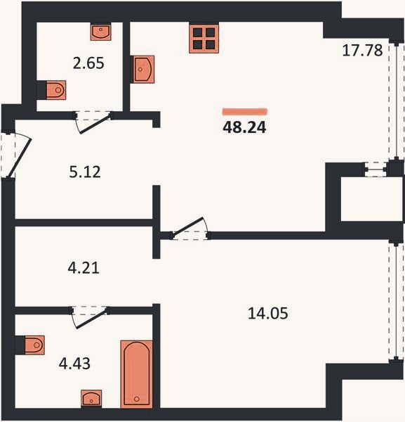 Планировка: 1-к, 48,2 м²