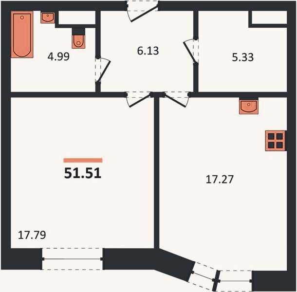 Планировка: 1-к, 51,5 м²