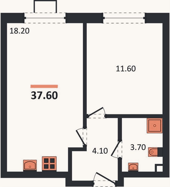 Планировка: 1-к, 37,6 м²