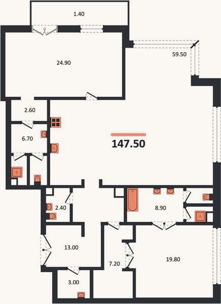 Планировка: 2-к, 147,5 м²