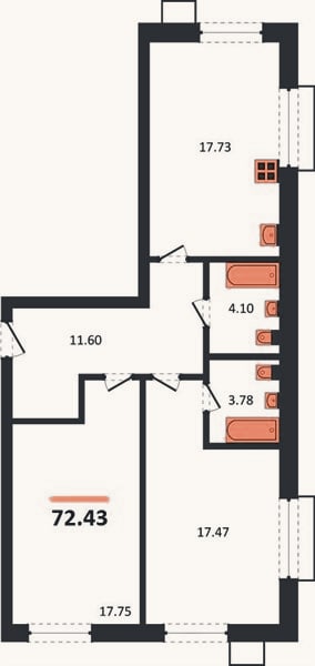 Планировка: 2-к, 72,4 м²