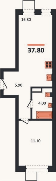 Планировка: 1-к, 37,8 м²