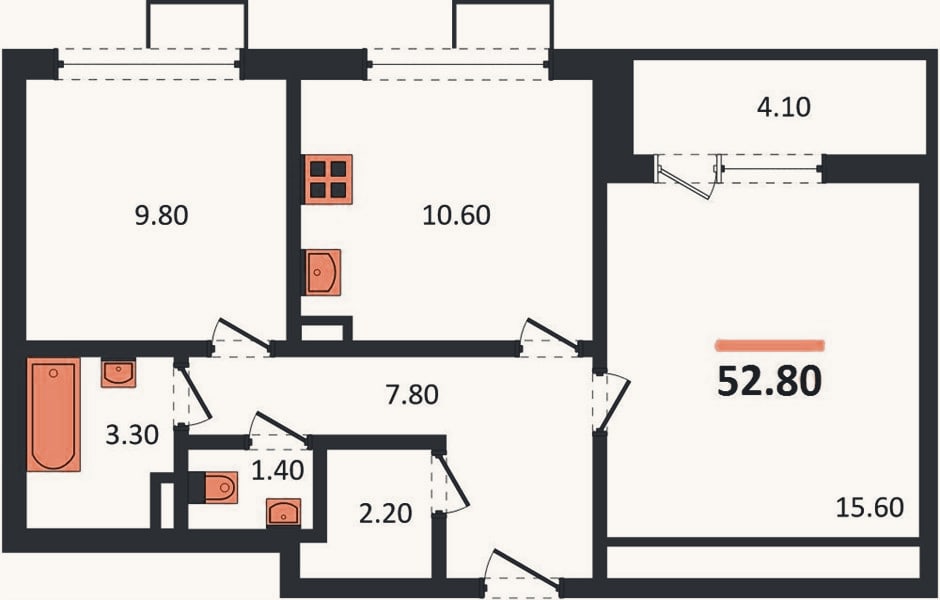 Планировка: 2-к, 52,8 м²