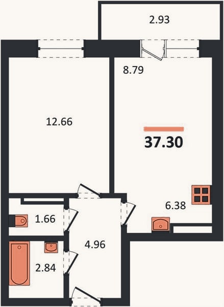 Планировка: 1-к, 37,3 м²