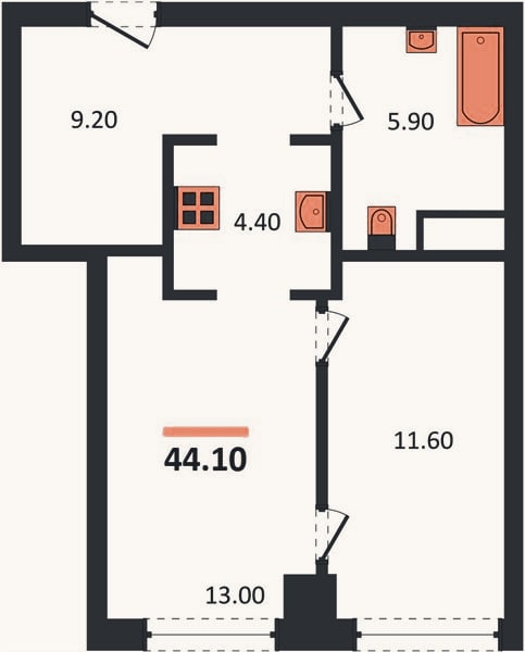 Планировка: 1-к, 44,1 м²