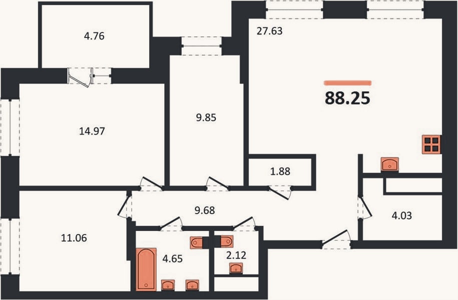 Планировка: 3-к, 88,3 м²