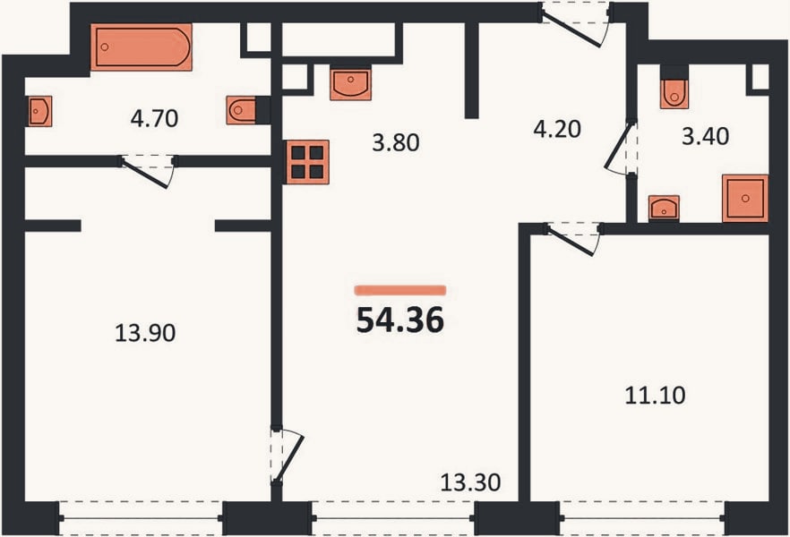 Планировка: 2-к, 54,4 м²
