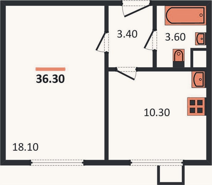 Планировка: 1-к, 36,3 м²