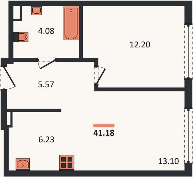 Планировка: 1-к, 41,2 м²