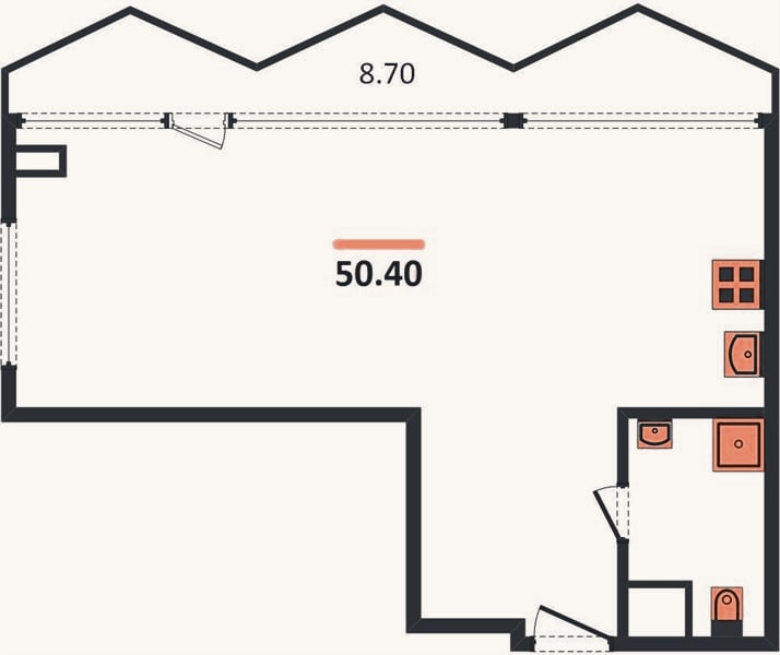 Планировка: 1-к, 50,4 м²