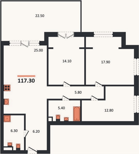 Планировка: 3-к, 117,3 м²