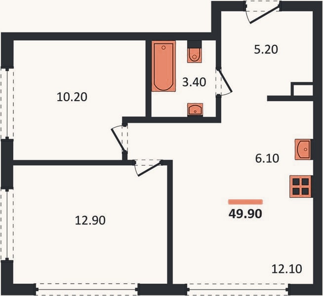 Планировка: 2-к, 49,9 м²