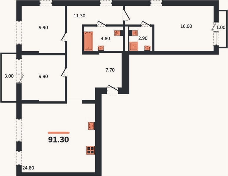 Планировка: 3-к, 91,3 м²