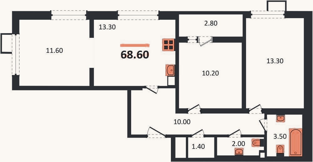 Планировка: 3-к, 68,6 м²