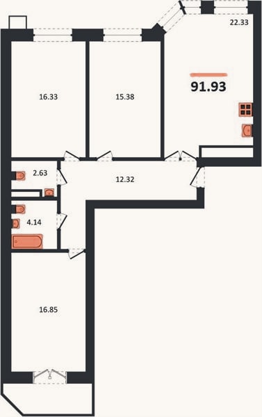 Планировка: 3-к, 91,9 м²