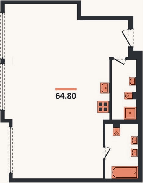 Планировка: 2-к, 64,8 м²