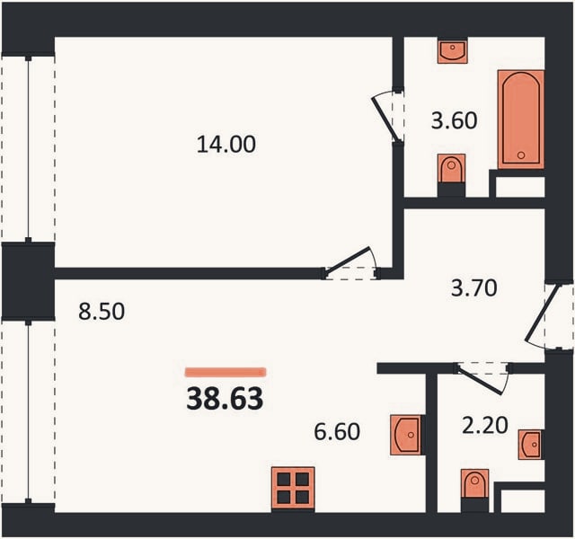 Планировка: 1-к, 38,6 м²