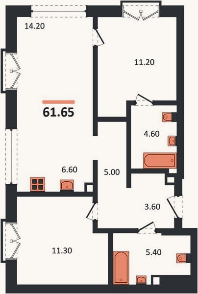 Планировка: 2-к, 61,7 м²