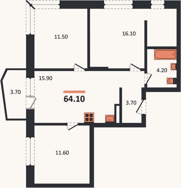 Планировка: 3-к, 64,1 м²