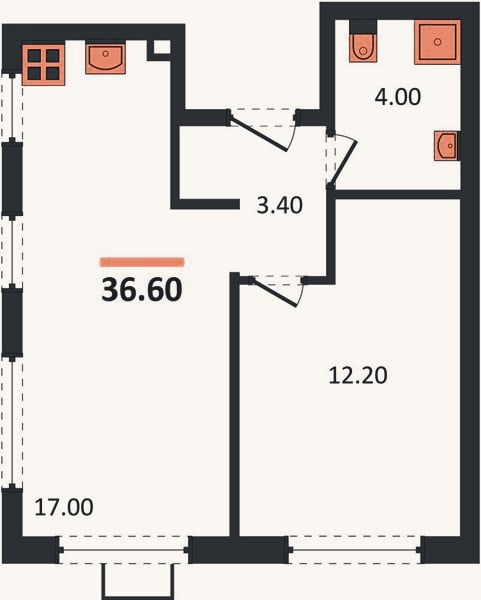 Планировка: 1-к, 36,4 м²