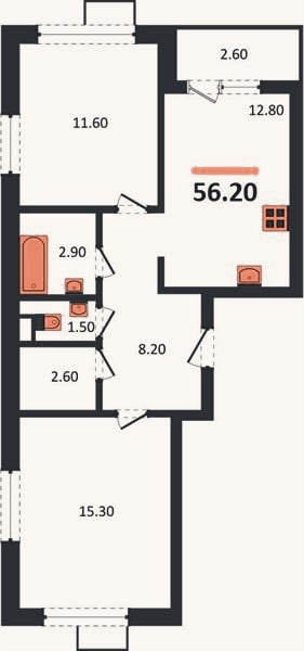 Планировка: 2-к, 56,2 м²