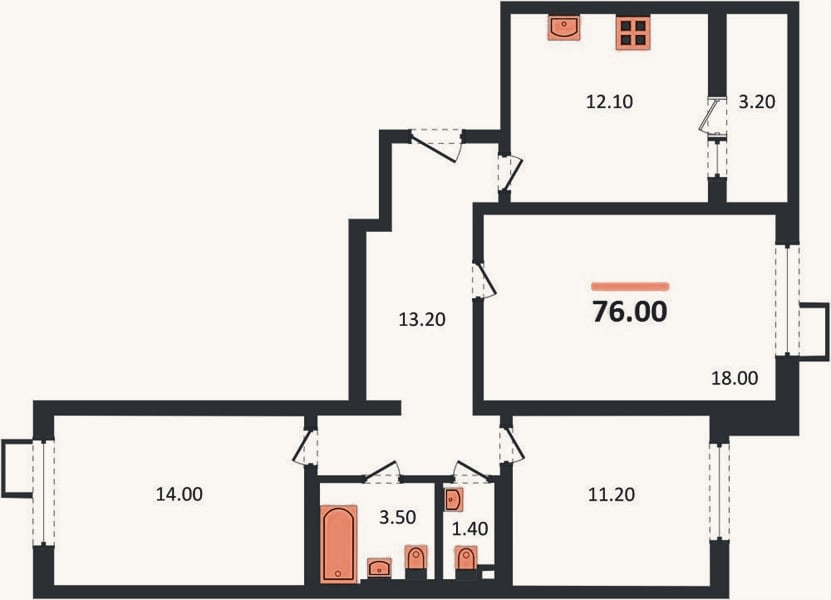 Планировка: 3-к, 76 м²