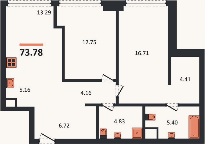 Планировка: 2-к, 73,8 м²