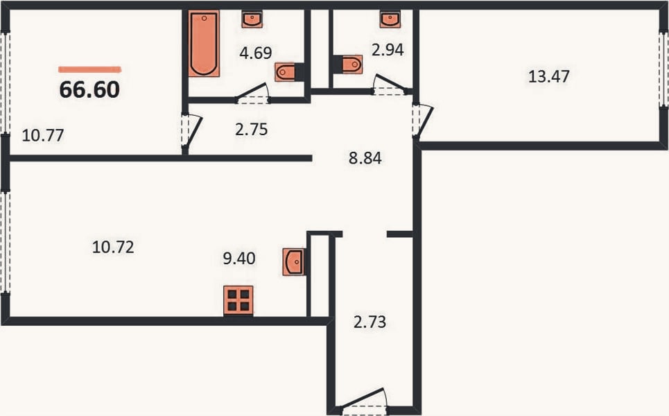 Планировка: 2-к, 66,3 м²