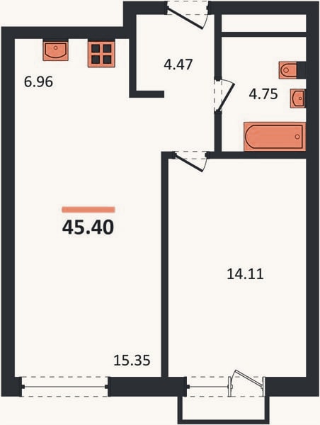 Планировка: 1-к, 45,4 м²