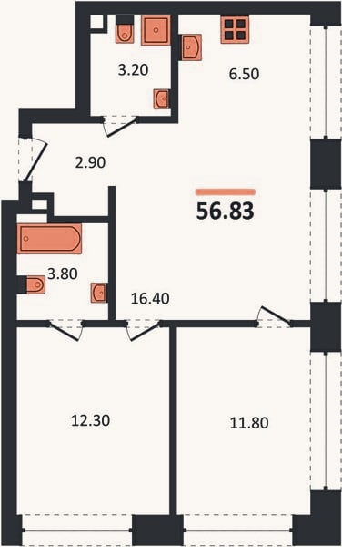 Планировка: 2-к, 56,8 м²