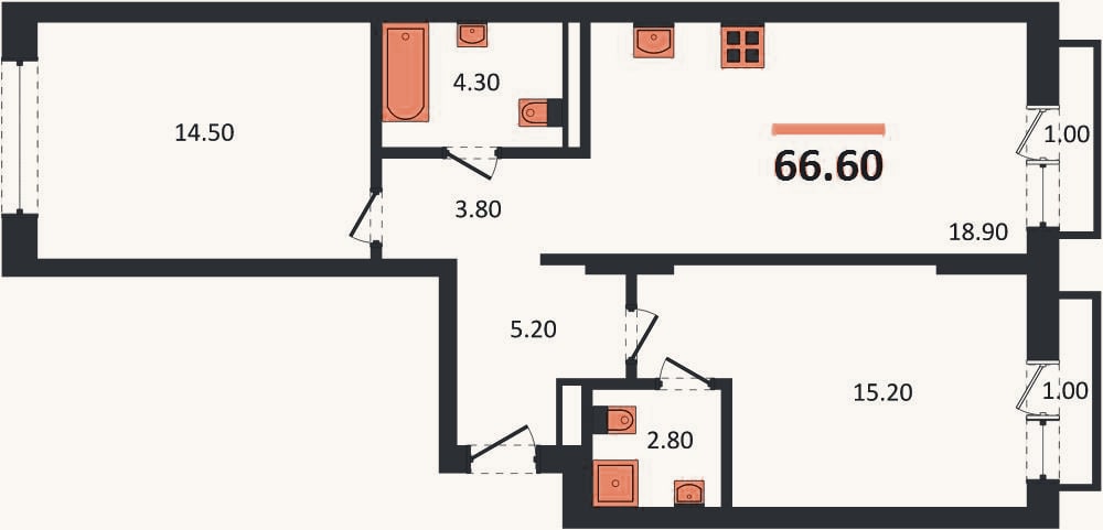 Планировка: 2-к, 66,6 м²