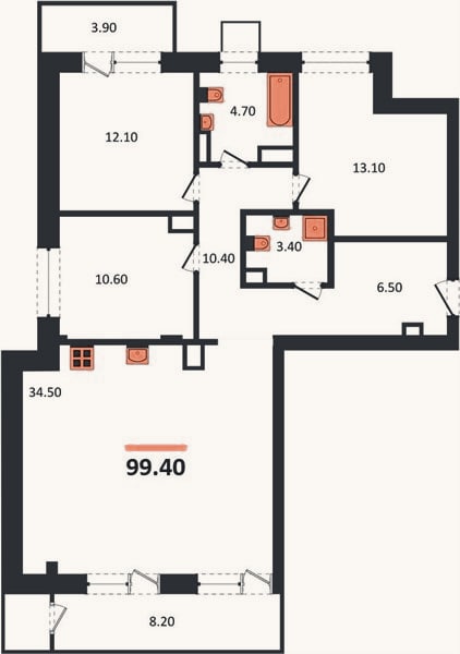 Планировка: 3-к, 95,7 м²