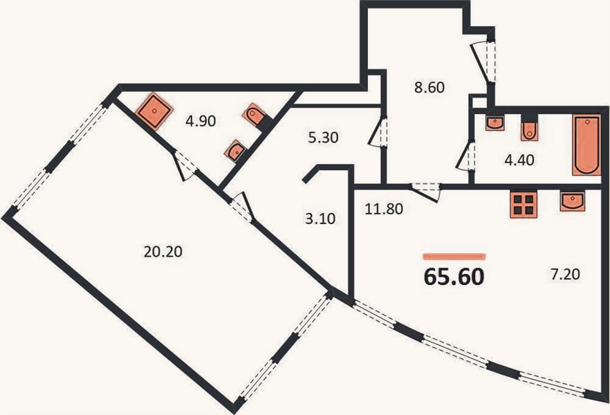 Планировка: 1-к, 65,6 м²