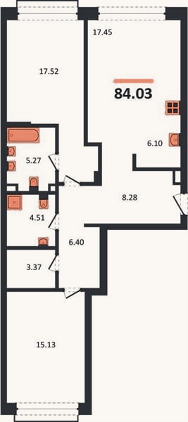 Планировка: 2-к, 84 м²