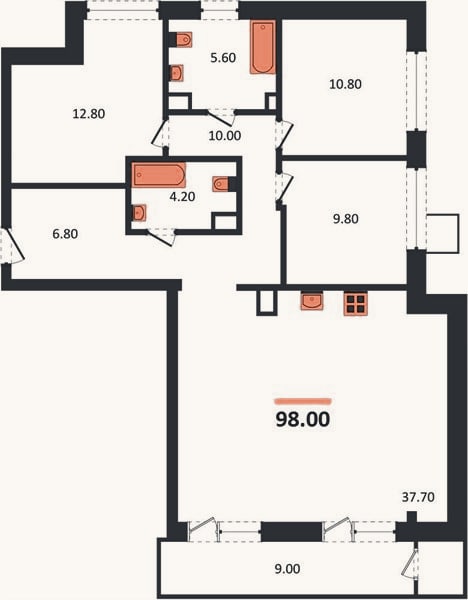 Планировка: 3-к, 98 м²
